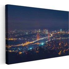 Tablofest Yatay Kanvas Tablo Boğaz Köprüsü ve Uzak Şehir Işıkları Şehir Mimari Tablo Ev Ofis Duvar Dekoru