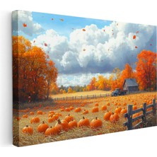 Tablofest Yatay Kanvas Tablo Sonbahar Hasat Zamanı ve Çiftlik Evi Manzara Tablosu Ev Ofis Duvar Dekoru