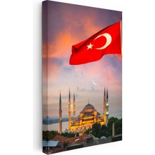 Tablofest Dikey Kanvas Tablo Dalgalanan Türk Bayrağı ve Cami Şehir Mimari Tablo Ev Ofis Duvar Dekoru