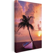 Tablofest Dikey Kanvas Tablo Gün Batımı Kumsalda Kayık ve Palmiye Manzara Tablosu Ev Ofis Duvar Dekoru