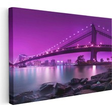 Tablofest Yatay Kanvas Tablo Manhattan Köprüsü Mor Işıklar Şehir Mimari Tablo Ev Ofis Duvar Dekoru