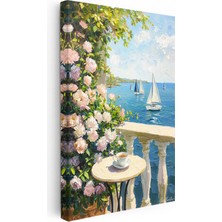 Tablofest Dikey Kanvas Tablo Çiçekli Teras ve Deniz Yelkenlileri Manzara ve Doğa Tablosu Ev Ofis Duvar Dekoru