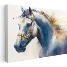 Tablofest Yatay Kanvas Tablo Mavi ve Altın Yaldız Boyalı At Tablosu Ev Ofis Duvar Dekoru