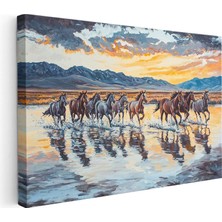 Tablofest Yatay Kanvas Tablo Yağlı Boya Görünümlü At Sürüsü At Tablosu Ev Ofis Duvar Dekoru
