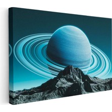 Tablofest Yatay Kanvas Tablo Dağ Zirvesi ve Halkalı Mavi Gezegen Manzara Tablosu Ev Ofis Duvar Dekoru