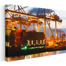 Tablofest Yatay Kanvas Tablo Yükleme Vinçleri ve Konteynerler Lojistik Uzmanı Tablosu Ev Ofis Duvar Dekoru