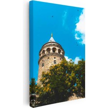 Tablofest Dikey Kanvas Tablo Galata Kulesi ve Yeşil Ağaçlar Şehir Mimari Tablo Ev Ofis Duvar Dekoru