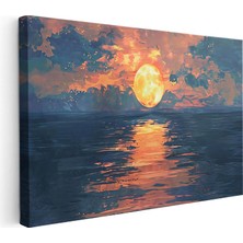 Tablofest Yatay Kanvas Tablo Deniz Üzerinde Büyük Turuncu Ay Manzara ve Doğa Tablosu Ev Ofis Duvar Dekoru