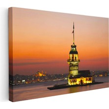Tablofest Yatay Kanvas Tablo Kız Kulesi ve Istanbul Silüeti Şehir Mimari Tablo Ev Ofis Duvar Dekoru