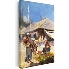 Tablofest Dikey Kanvas Tablo Pazar Yerinde Kavun Karpuz Satıcısı Osmanlı Tablosu Ev Ofis Duvar Dekoru