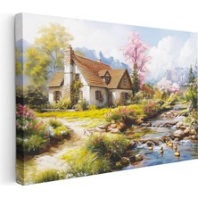 Tablofest Yatay Kanvas Tablo Çiçekli Bahar Evi ve Dere Manzara ve Doğa Tablosu Ev Ofis Duvar Dekoru