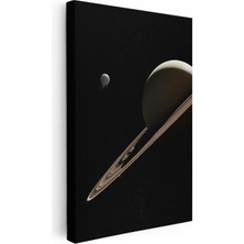 Tablofest Dikey Kanvas Tablo Satürn Gezegeni Halkaları ve Uydusu Manzara Tablosu Ev Ofis Duvar Dekoru