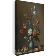 Tablofest Dikey Kanvas Tablo Jan Van Huysum Vazolu Çiçekler Deniz Kabukları Ressam Tablosu Ev Ofis Dekoru