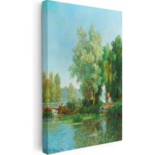 Tablofest Dikey Kanvas Tablo Leon Richet Göl Kenarı Balık Tutan Figür Yaz Ressam Tablosu Ev Ofis Duvar Dekoru