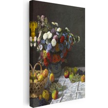 Tablofest Dikey Kanvas Tablo Claude Monet Meyveler ve Çiçekler Sepetli Natürmort Ressam Tablosu Ev Ofis Dekoru