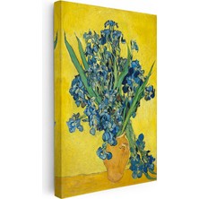 Tablofest Dikey Kanvas Tablo Vincent Van Gogh Mavi Irisler Sarı Fonlu Vazo Ressam Tablosu Ev Ofis Dekoru