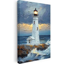 Tablofest Dikey Kanvas Tablo Dalgalı Deniz Feneri Kabartma Görünümlü Tablo Ev Ofis Duvar Dekoru