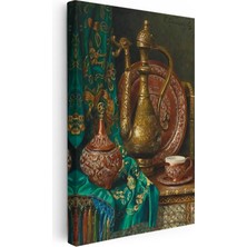 Tablofest Dikey Kanvas Tablo Bakır Ibrik ve Kase Oryantalist Ressam Tablosu Ev Ofis Duvar Dekoru