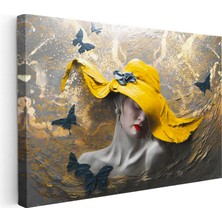 Tablofest Yatay Kanvas Tablo Sarı Şapkalı Kadın ve Kelebek Modern Sanat Tablosu Ev Ofis Duvar Dekoru