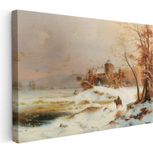 Tablofest Yatay Kanvas Tablo August Cappelen Kış Donmuş Göl Kenarında Kale Ressam Tablosu Ev Ofis Duvar Dekoru