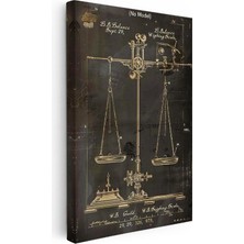 Tablofest Dikey Kanvas Tablo Hassas Terazi Patent Çizimi Altın Detay Vintage Tablo Ev Ofis Duvar Dekoru