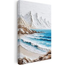 Tablofest Dikey Kanvas Tablo Karlı Dağlar ve Sahil Kabartma Görünümlü Tablo Ev Ofis Duvar Dekoru