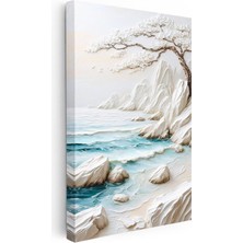 Tablofest Dikey Kanvas Tablo Beyaz Ağaç ve Kayalıklar Kabartma Görünümlü Tablo Ev Ofis Duvar Dekoru