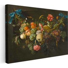 Tablofest Yatay Kanvas Tablo Jan Van Huysum Meyve ve Çiçek Garlandı Mavi Kurdele Ressam Tablosu Ev Ofis Dekoru