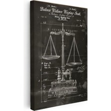 Tablofest Dikey Kanvas Tablo Antik Denge Terazisi Patent Çizimi Teknik Vintage Tablo Duvar Dekoru