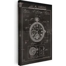 Tablofest Dikey Kanvas Tablo Cep Saati Patent Çizimi Teknik Detaylı Vintage Tablo Ev Ofis Duvar Dekoru