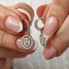Katre46 Gümüş Oval Taşlı Sallantılı Küpe