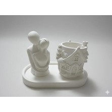 Sevgili Figürlü Ev Tasarımlı 3'lü Dekoratif Obje Seti El Yapımı Taş Tozu Saksı ve Biblo