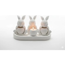 Üçlü Tavşan Figürlü Taş Tozu Mum Dekoratif Obje Seti