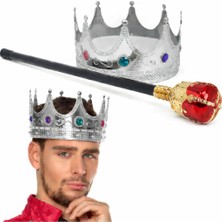 HypAirs Gümüş Kral Tacı Kraliyet Tacı 60 cm ve Kırmızı Topuzlu Kral Asası Seti