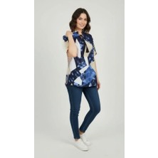 Nidam Butik Desenli Püsküllü Viskon Bluz Bebe Yaka Kısa Kollu Big Size Rahat Kesim - Desenli