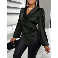 Tua Moda Kadın Uzun Kollu Kruvaze Yakalı Asimetrik Saten Bluz