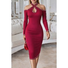 Arben Boutique Kadın Omuzlardan Açık Boyundan Geçmeli Damla Detaylı Taşlı Midi Dalgıç Elbise