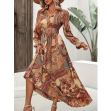 Arben Boutique Kadın Uzun Kollu V Yakalı Beli Lastikli Desenli Süprem Elbise