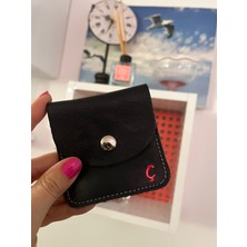 Pinkylola Design-Kare Model Ç Harfli Siyah Hakiki Deri Airpod Kılıfı ,mini Bozuk Para Cüzdanı
