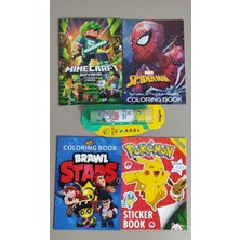 Ada Çanta Kırtasiye 4 Adet Stickerli Boyama Kitabı ve 12 Li Adel Tüp Kuru Boya Kalemi (Minecraft/örümcek A/pocemon/braw)