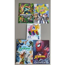 Ada Çanta Kırtasiye 4 Adet Stickerli Boyama Kitabı ve 24'lü Adel Kuru Boya Kalemi (Minecraft/roblox/örümcek A/zootopia)