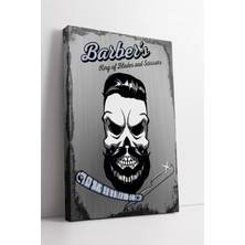 KOSS Dijital Barber’s King Of Blades Yazılı Kanvas Tablo Metalik Gri Retro Berber Duvar Dekoru