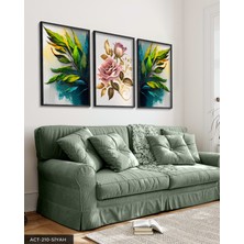 Evine Moda Pembe Gül ve Yapraklar 3 Parça Siyah Ahşap Çerçeveli Tablo Act