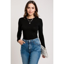 Kadın Siyah Uzun Kollu Fit Basic Crop Top Bluz