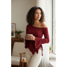 Kadın Bordo Uzun Ispanyol Kollu Asimetirik Yaka Yandan Bağlamalı Drapeli Bluz