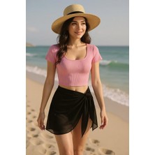 Kadın Pembe Yarım Kol Crop ve Siyah Pareo 2'li Set – Modern ve Şık Tasarım