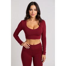 Kadın Bordo Uzun Kol Kare Yaka Crop Top Bluz