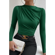 Kadın Yeşil Belden ve Boyundan Büzgü Detaylı Uzun Kollu Bluz