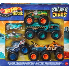  Hot Wheels Köpek Balığı ve Dinozor Çoklu Paketi, 2 Büyük Tır, 2 Oyuncak Kamyon ve 2 Oyuncak Araba JGD68