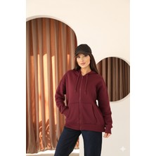 Moviment Bordo Oversize Içi Polar ve Fermuar Detaylı Kapüşonlu Kadın Sweatshirt